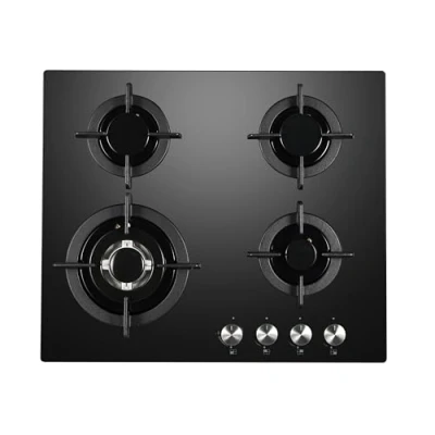 Image of Cookology GGH606BK Gas Hob on Glass 60cm Built In 4 Burners Powerful Wok Burner and Cast Iron Pan Supports Auto Igniton Black