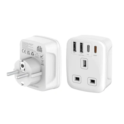 Image of Double Dragon 20W Fast Charging 5 in 1 UK to EU Travel Adapter 2 USB A &amp; C Ports Converts 3 PIN Plug European Spain, France, Portugal, Germany, Greece, Italy, Sweden, etc
