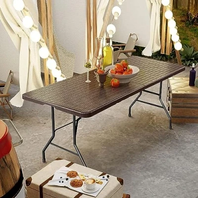 Image of Rattan Look Foldable Garden Outdoor Picnic Camping Folding Table Wicker Look, 180 x 74 cm Surface, 6 Persons, High Density Polyethylene, Steel Frame with Powder Coating, Brown (1 xTable)