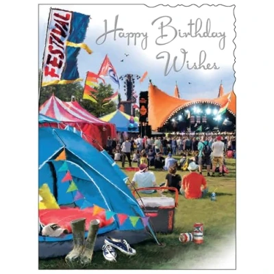 Image of Jonny Javelin Male Birthday Card Happy with Artistic Music Festival Scene and Embossed Foil Details for Men