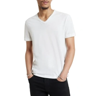 Image of John Varvatos Star USA Men&#039;s Short Sleeve SLUB V Neck with Cut RAW Edge T Shirt, Salt, Large