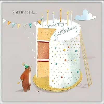 Image of Ling Design General Birthday Card Happy with Bear and Cake Embossed Foil Details for Men/Women/Children