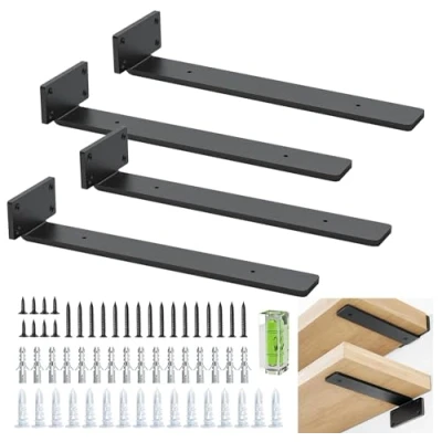Image of Shelf Bracket 4Pcs Wall Brackets for Shelves Black Heavy Duty Metal L Mounted (Black, 30cm/12 inch)