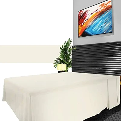 Image of Hotel Quality King Size Flat Sheet Polycotton Fabric Percale Non Iron Bedding Super Soft Linen Set Cream