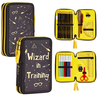 Image of Harry Potter Pencil Case for Girls Boys, Stationery Set School Supplies, Wand Secret Light Pen (Black/Yellow)