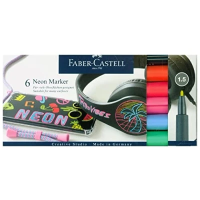 Image of Faber Castell Creative Studio Neon Marker, Multicoloured, Cardboard Wallet Of 6, For Art, Craft, Drawing, Sketching, Home, School, University, Colouring