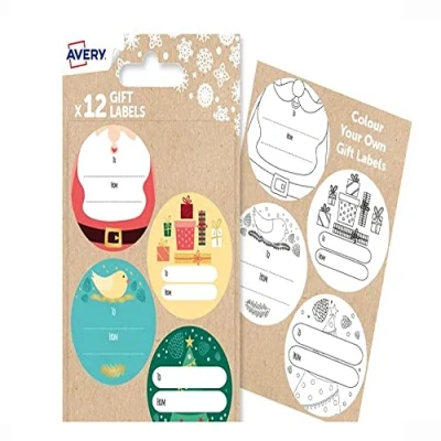 Image of Avery Festive Gift Labels, Special Kids Pack with Colouring in Sheet 12 PCS Label Stickers, Self Adhesive Premium Christmas Name Labels and Wrap Decoration.