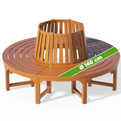 Image of CASARIA® 160cm Circular Tree Bench with Backrest Weatherproof FSC® Certified Pre Oiled Eucalyptus Wood Round Wooden Garden Seating Decorative Outdoor Lawn Furniture Brown