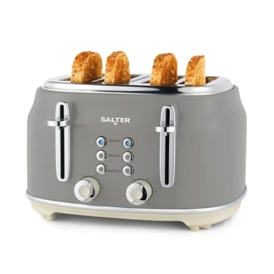 Image of Salter EK5739GRY Retro 4 Slice Toaster 6 Browning Levels, Wide Slots, Defrost, Reheat, Cancel Function, Removable Crumb Tray, Extra Thick Bread/Bagels, High Lift Eject, Self Centring, 1630W, Grey
