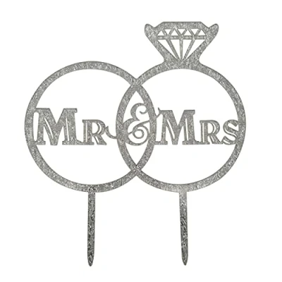 Image of Wedding Cake Topper Mr &amp; Mrs Diamond Rings Silver Glitter Pack of 1