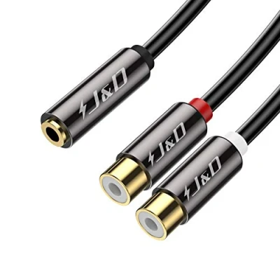 Image of J&amp;D 3.5 mm to 2 RCA Cable, Gold Plated Copper Shell Heavy Duty 3.5mm Female 2RCA Stereo Audio Cable Adapter, 0.65 Feet