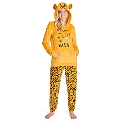 Image of Disney Pyjamas for Women, Fluffy Ladies Fleece Pyjamas, Stitch Minnie Gifts (M, Yellow Simba)
