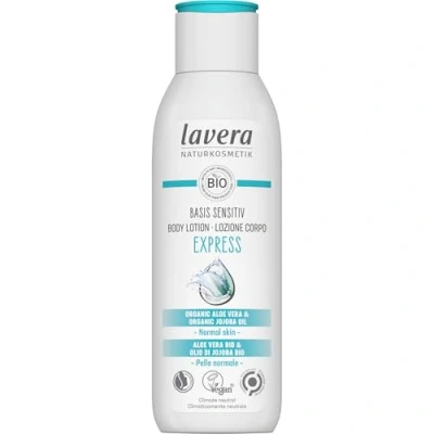 Image of lavera Basis Sensitive Body Lotion Express Natural Cosmetics Vegan Organic Aloe Vera &amp; Jojoba Oil 24 Hour Fast Absorbing Moisturiser Biodegradable 250 ml