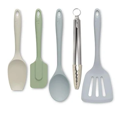 Image of Zeal JSET45QN Non Stick Silicone Cooking Tongs, Turner, Spatula Spoon &amp; Cook 5 Piece Set Neutral Mix