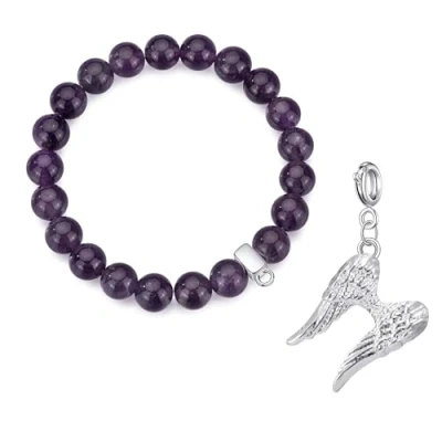 Image of Philip Jones Amethyst Gemstone Bracelet with Angel Wings Charm