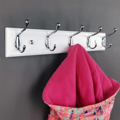 Image of lomejii 5 Silver Hooks Wall Coat Rack, White Wood, 44 cm, Hook Modern Rack for Entrance, Hallway, Bedroom