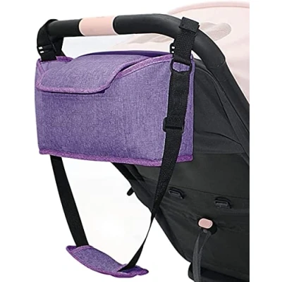 Image of AOOPOO Stroller Organizer Pram Bag,Pram Buggy Organiser Bag Universal Baby Storage Pushchair with Mobile Phone Pocket,Zipper Pocket,2 Cup Holders &amp; Shoulder Strap (Purple)