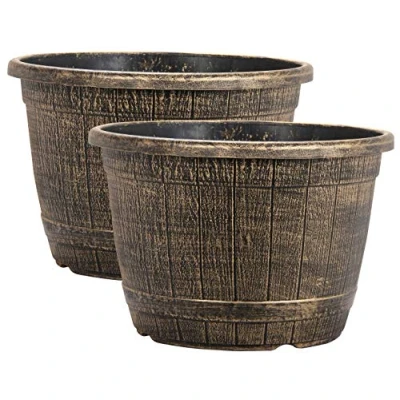 Image of Muddy Hands Bronze Wooden Barrel Effect Plant Pot Round Plastic Planter Outdoor Garden Flower Tree Herb (2, 16.8 Litre)