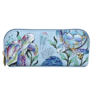 Image of Anuschka Women&#039;s Hand Painted Genuine Leather Medium Zip Around Eyeglasses &amp; Cosmetic Pouch Underwater Beauty