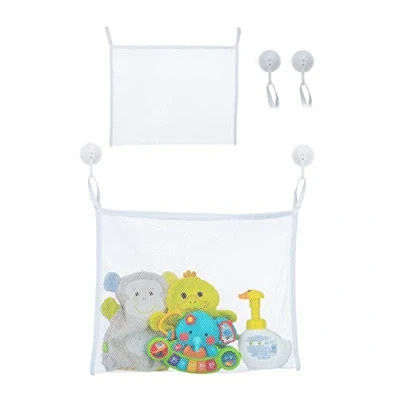 Image of Relaxdays Bath Toy Storage, Set of 2, Net Bag with Suction Cups, H x W: 35 45 cm, Kids, Collector, Tidy, Neat, White, Polyester, 47 3 cm