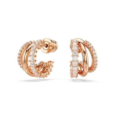 Image of Swarovski Hyperbola hoop earrings, Mixed cuts, Mini, White, Rose gold tone plated
