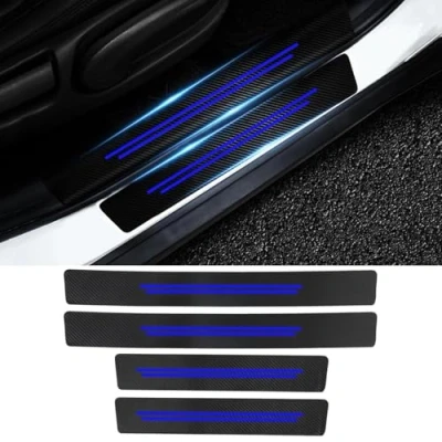 Image of 4 Pcs Fiber Car Door Sill Protectors for Ford Transit Connect 2 (II) I 2014 2020 2021 2022, Carbon Threshold Scuff Plate Cover Kick Plates(Blue)