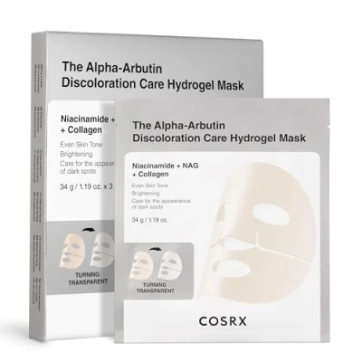 Image of COSRX The Alpha Arbutin Discoloration Care Hydrogel Face Masks Skincare 3 EA, Collagen Mask, Travel Essentials, Overnight Korean Skin