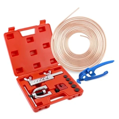 Image of QWORK® brake line flaring tools, universal tool kit for hydraulic systems, 7.62m copper alloy line, multi size adapter + blue pipe bender