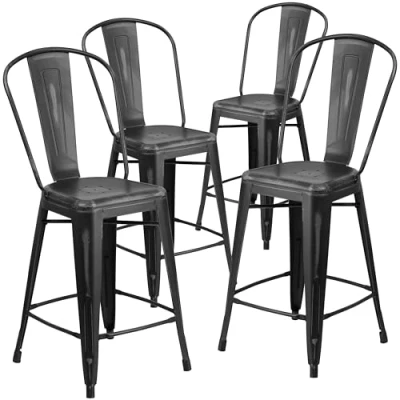 Image of Flash Furniture Blake Commercial Grade 4 Pack 24&quot; High Distressed Black Metal Indoor Outdoor Counter Height Stool with Back