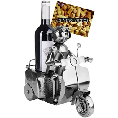Image of BRUBAKER Wine Bottle Holder Scooter Driver Silver Metal Sculpture Stand 10.6 In Figure Gift for Fans with Greeting Card