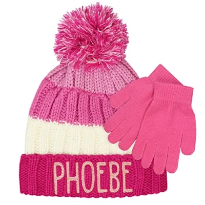 Image of TeddyTs Girls Striped Chunky Knit Bobble Hat with Pom (Pink) &amp; Glove Set