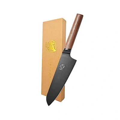 Image of MITSUMOTO SAKARI Japanese Santoku Chef&#039;s Knife, German Premium Alloy Steel Cooking 7 inch Professional Black Titanium Coated Kitchen Knives (Walnut Handle)