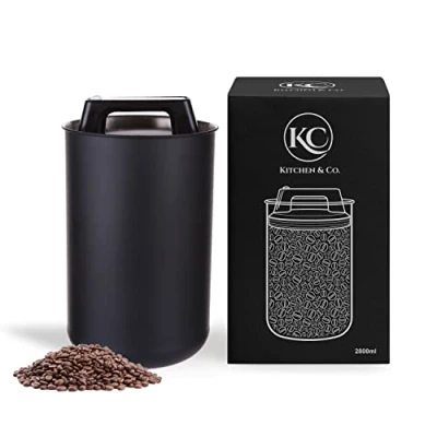 Image of KC Kitchen &amp; Co. Coffee Can Airtight for 1 kg Beans with Vacuum Lid (Holder Coffee, Tea, Stainless Steel Storage Tin, Aroma Close, Matte Black, 2800 ml