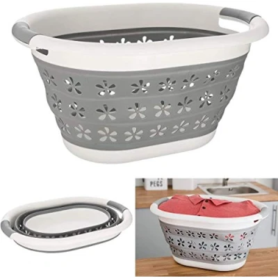 Image of MantraRaj Large Collapsible Laundry Basket Washing Clothes Pop Up Bin Foldable with Comfortable Integrated Grip Handles Space Saving Design Folding Multi Purpose Storage Kitchen Garden Grey White