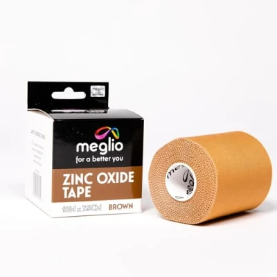 Image of Meglio Zinc Oxide Tape Strong Athletic Sports Strapping for Support &amp; Injury Recovery, Blister Prevention Tape, Ankle, Foot, Running, Rugby Climbing, Non Slip Grip (Brown)10 m x 7.5cm