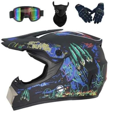 Image of Youth Motocross Helmet, Kids Dirt Bike Helmets with Goggles Gloves Mask, ATV Helmet Full Face Motorcycle Off Road Mountain DOT Approved(2 Blue,M(54 55cm))
