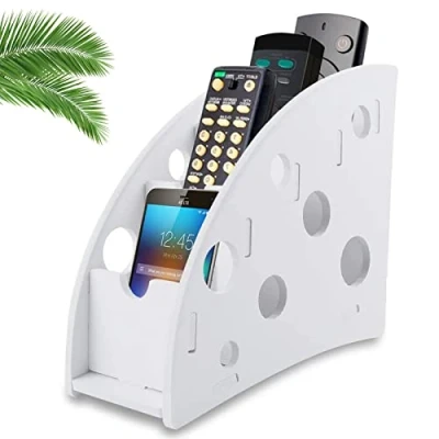 Image of Remote Control Holder Desk Organizer Storage Box with 4 Compartments Wood plastic Compositefor TV Controls, Game Console, Cell Phones, Pens, Office Supplies (White)