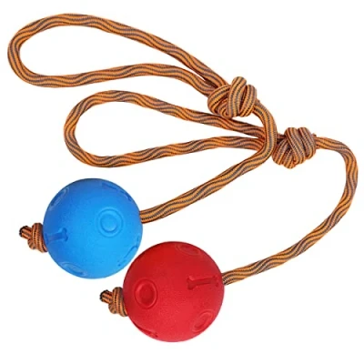 Image of Weeyuu Rope Dog Toy, 2 Pack Ball on a Toys Durable Elastic Solid Rubber Balls for Fetch, Catch, Throw and Tug of War (6 cm, Blue + Red)