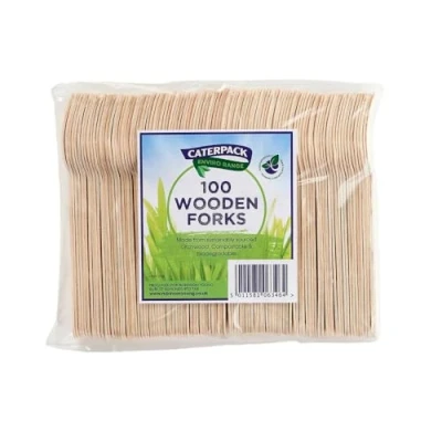 Image of Caterpack Enviro Range Wooden Forks Made from sustainably sourced Birchwood, compostable and Biodegradable, 100 Pack