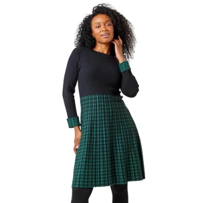 Image of Roman Originals Petite Contrast Knitted Jumper Dress for Women UK Ladies Everyday Holiday Autumn Winter Pull On Round Neck Full Sleeves Comfy Evening Vacation Work Party Forest Size 14