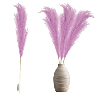 Image of 2Pcs 100cm Prelit Pink Pampas Grass Stem, Warm White LEDs Battery Operated Christmas Artificial Flowers for Boho Wedding Bedroom Living Room Decorations