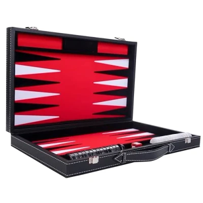 Image of Engelhart Luxury Backgammon 15 faux leather exterior, special felt inlay interior pearly dice and token 2 tumblers