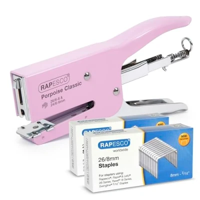Image of Rapesco 1356A Porpoise Classic Stapling Plier with 10,000 Type 26/8mm Staples, 45 Sheet Capacity, Candy Pink