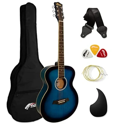 Image of Acoustic Guitar for Beginners Full Size, Steel String includes Gig bag, Strap, Scratchplate and Spare Strings Blue TIGER ACG2 BL