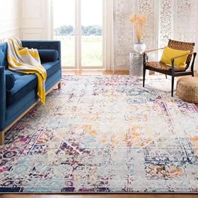 Image of SAFAVIEH Modern Chic Rug for Living Room, Dining Bedroom Madison Collection, Short Pile, in Ivory and Aqua, 91 X 152 cm