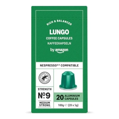Image of by Amazon Lungo Aluminium Coffee Capsules Compatible with Nespresso, Medium Roast,100 Count (5 Packs of 20) Rainforest Alliance Certified
