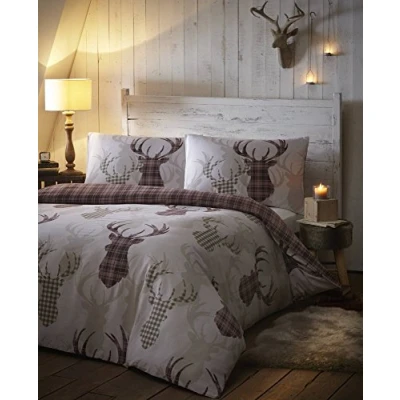 Image of De Cama Tartan Check Stag King Duvet Quilt Cover Bedding Set Natural &amp; Brown, Cotton and Polyester,3 pieces,