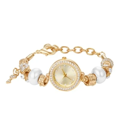 Image of JewelryWe Ladies Pearl Bracelet Watch: Women Gold Beaded Crystal Diamond Analogue Quartz Bling Stainless Steel Wrist Cuff Watch Mother&#039;s Day Jewellery Gift