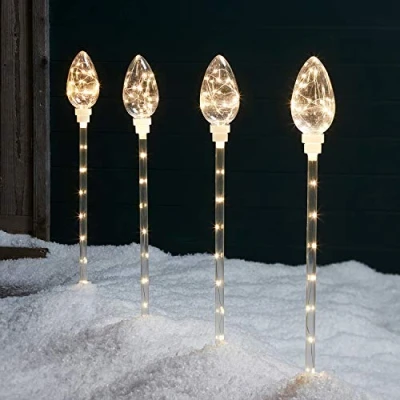 Image of Lights4fun Set of 4 C9 Light Bulb Plug in Outdoor Christmas Pathway Stake Lights with Warm White Micro LEDs 67cm