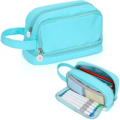 Image of Alyvisun Large Capacity Pencil Case with 3 Compartments for Boys Girls, Desk Stationery Organizer Pouch Handle, Portable School Office Supplies (Blue)